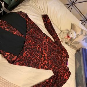 Red black silky (polyester) long sleeve hi-lo top